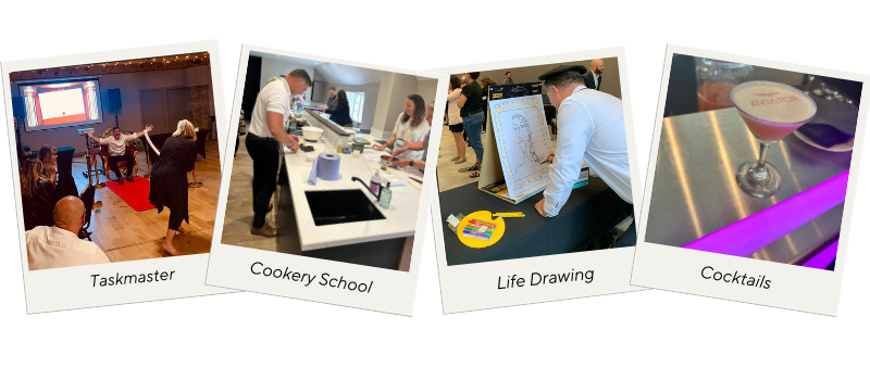Pictures of activities at an Inspirational Venue Roadshow including Taskmaster, Cookery School, Live Drawing and Cocktails